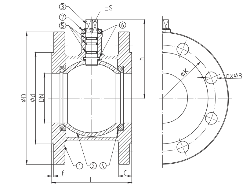 Rysunek techniczny zawór kulowy kołnierzowy do gazu WK 7A