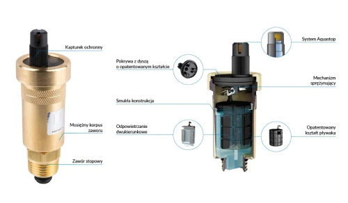 Odpowietrznik automatyczny pionowy PrimoVent G3/8" z Aquastop i zaworem stopowym DN 15 Afriso