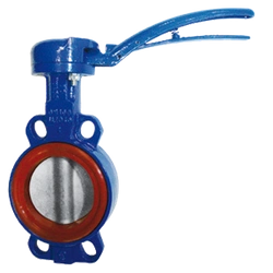 Przepustnica bezkołnierzowa SYLAX z napędem ręcznym dźwigniowym dysk AISI316 Viton żeliwo sferoidalne DN 125 10 PN Socla