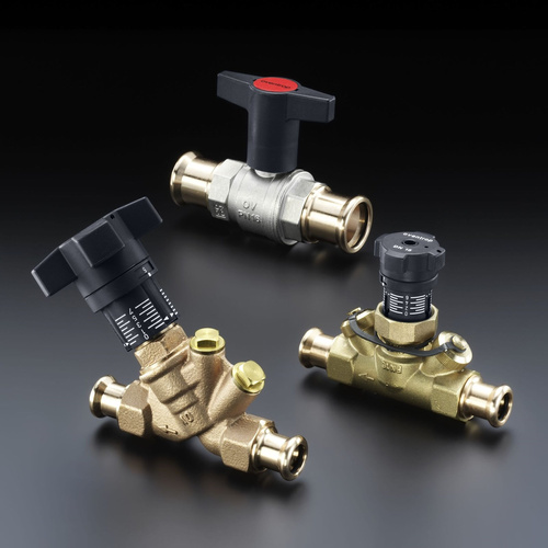 Zawór kulowy "Optibal", pokrętło z tworzywa sztucznego DN32, obustronnie złącze prasowane 35mm, z mosiądzu